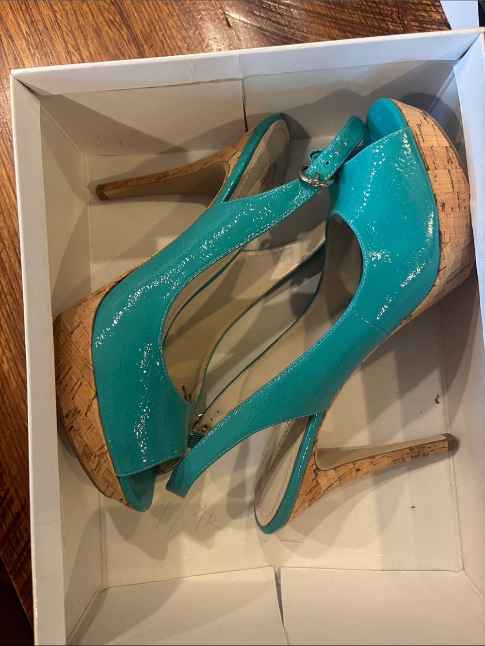 Nine West Turquoise Patent Leather Peep-Toe Slingback Heels